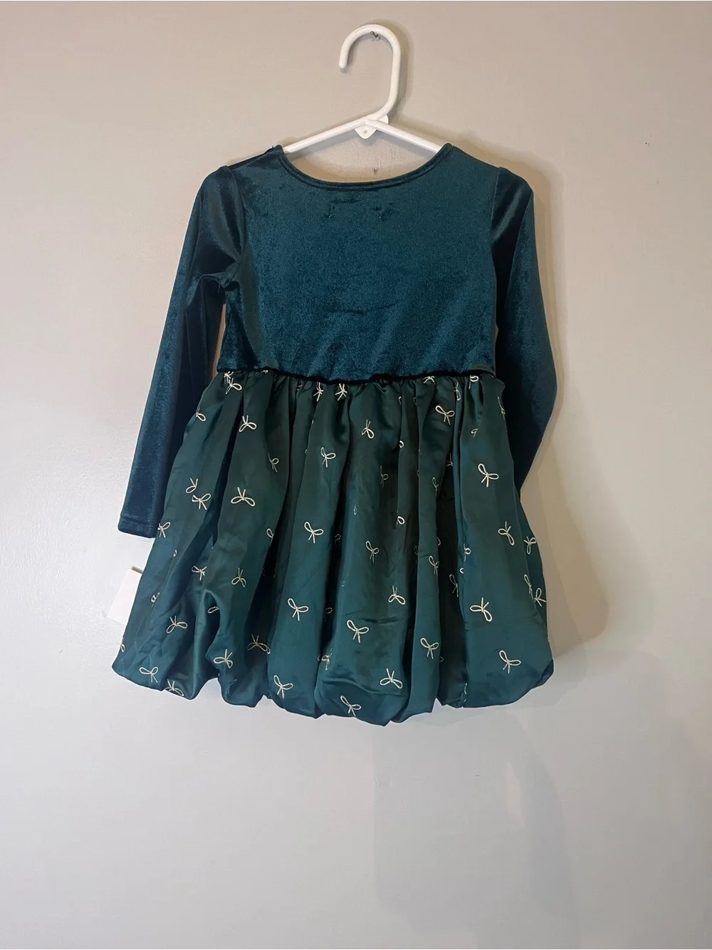 Girls Dark Green Velvet & Satin Holiday Dress with Gold Bow Accents